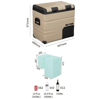 Frigorífico portátil bege e preto com dimensões e capacidade para latas e garrafas