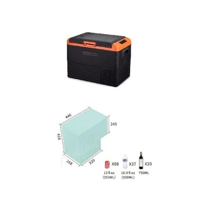 Caixa térmica preta e laranja com esquema de capacidade e dimensões.