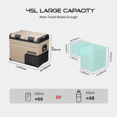 Caixa térmica bege e preta com texto e dimensões