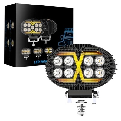 Luz de trabalho LED oval preta com detalhes amarelos e suporte metálico