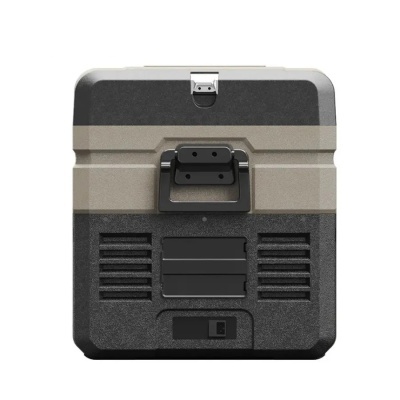 Frigorífico portátil cinza com pega preta e fechadura metálica