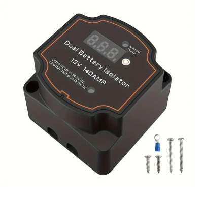 Isolador de bateria dupla preto com visor digital e parafusos.