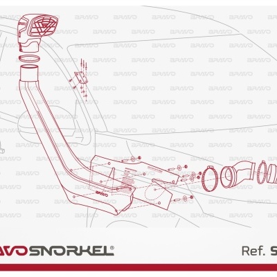 Desenho técnico de snorkel para carro em linhas vermelhas com texto de referência