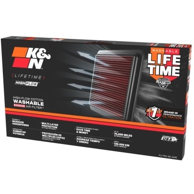 Filtro de ar K&N em embalagem preta com detalhes laranja e branco