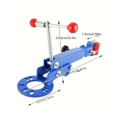Ferramenta azul de metal com punho vermelho e medidas indicadas