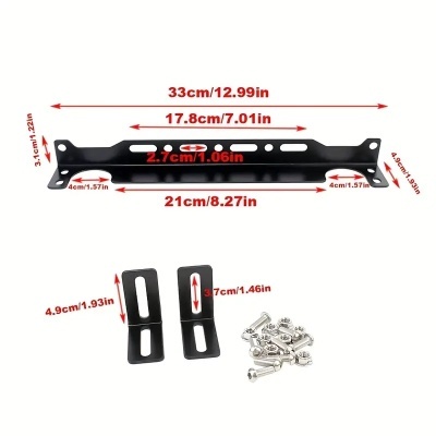 Suporte metálico preto com parafusos e suportes pretos acessórios em fundo branco