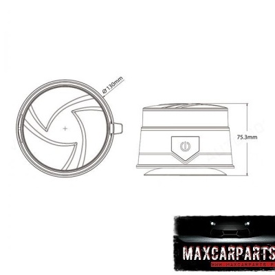 Dispositivo circular com hélices internas e botão frontal, vista lateral e frontal, medidas indicadas.