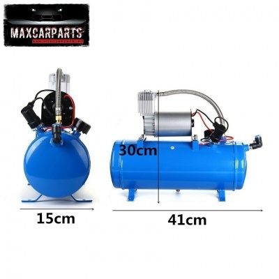 Compressor de ar azul com motor prateado e cilindros pretos em fundo branco, com medidas visíveis.