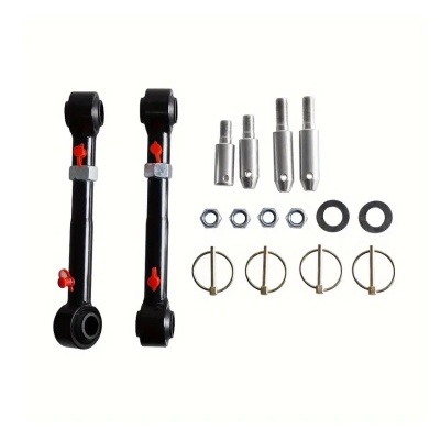 Conjunto de peças para automóvel com barras pretas, pinos prateados, porcas, rondanas e pinos com argolas.