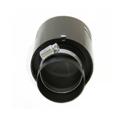 Acessório cilíndrico preto com braçadeira metálica prateada e parafuso