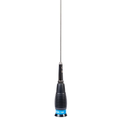 Antena vertical preta e prateada com etiqueta azul RM-L-145