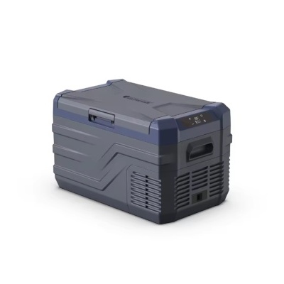 Caixa frigorífica portátil cinza escuro com painel digital e ventilação