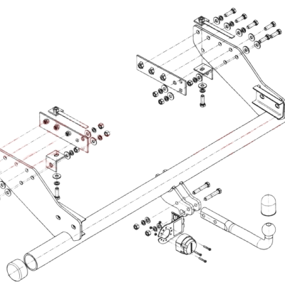Desenho técnico de conjunto metálico com parafusos e placas para montagem