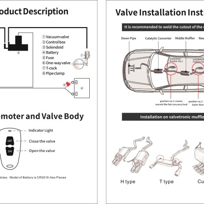 Diagrama técnico com ilustrações de válvula, controlo remoto e instruções de instalação num carro