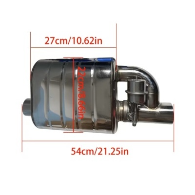 Silencioso metálico cilíndrico com medidas em vermelho