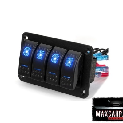 Painel de interruptores com quatro botões iluminados e etiqueta MAXCARPARTS