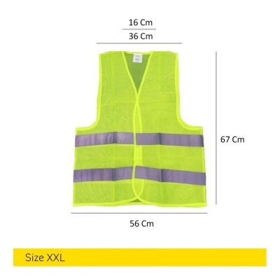 Colete reflector amarelo com faixas cinzentas e medidas indicadas