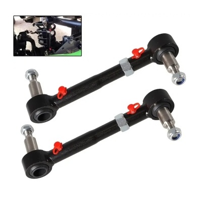 Par de barras de suspensão automóvel em metal preto com porcas e detalhes vermelhos