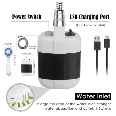 Chuveiro elétrico branco e preto com botão, porta USB e mangueira flexível