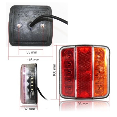 Luz traseira para veículo com três partes coloridas e cabo preto, vista frente, lado e verso.