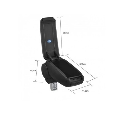 Consola de apoio de braço preta para carro com medidas indicadas.
