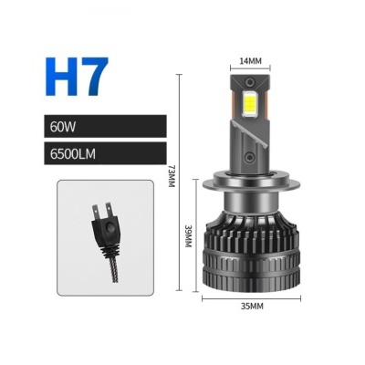 Lâmpada LED automóvel H7 60W 6500LM com ficha de dois pinos e dimensões detalhadas