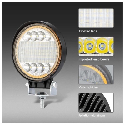 Farol redondo com lente fosca, LEDs importados, barra de luz amarela e estrutura em alumínio preto.