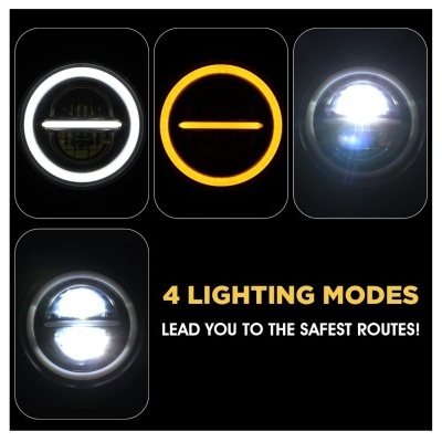 Quatro modos de iluminação de farol redondo com anel branco e amarelo e texto informativo