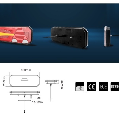 Luz traseira retangular para veículos, vermelha e amarela, com certificações e medidas visíveis