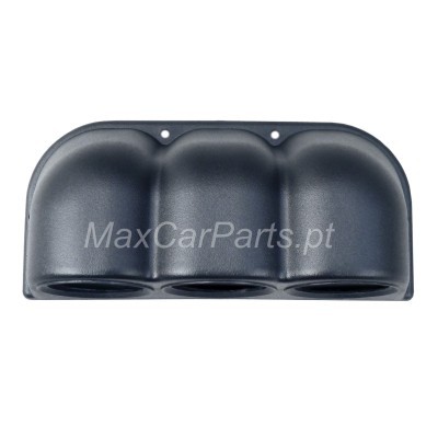 Suporte plástico preto para três objetos cilíndricos com orifícios de fixação