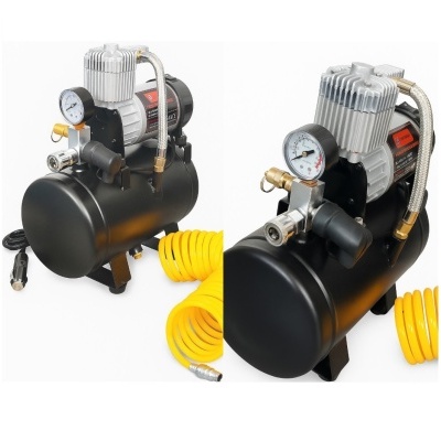 Compressor de ar portátil preto com motor cinza e mangueira amarela