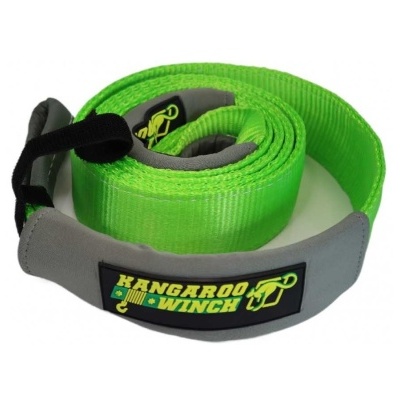 Correia de reboque verde fluorescente com proteção cinzenta e etiqueta KANGAROO WINCH