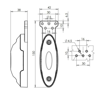 Desenho técnico com medidas de pega oval para montagem