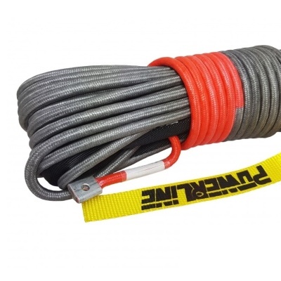 Corda cinza trançada com detalhe vermelho e etiqueta amarela POWERLINE