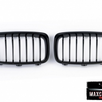 Parrillas frontales de coche negras brillantes con barras verticales sobre fondo blanco