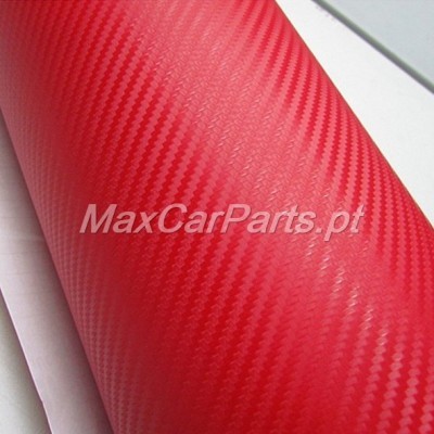 Rolo de vinil vermelho com textura de fibra de carbono e texto MaxCarParts.pt