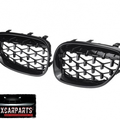 Par de grelhas de farol de carro pretas brilhantes com padrão em X