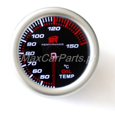 Manómetro de temperatura do óleo com mostrador preto e detalhes vermelhos