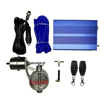 Conjunto componentes atuador metálico, cabos, caixa azul, antena e dois comandos remotos pretos