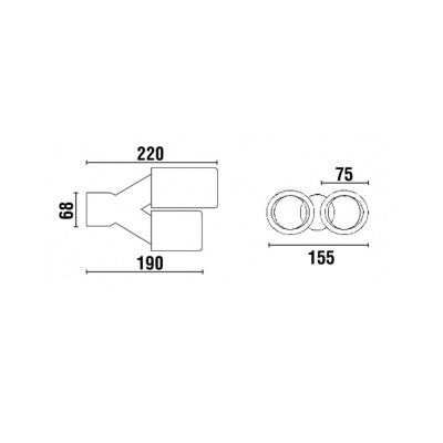 Desenho técnico preto e branco com medidas em milímetros de um dispositivo com duas saídas cilíndricas