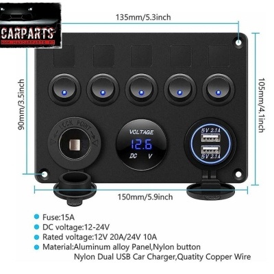 Painel preto de liga de alumínio com botões, mostrador digital e porta USB