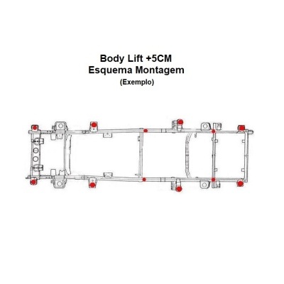 Desenho esquemático de montagem Body Lift +5CM com pontos de fixação vermelhos