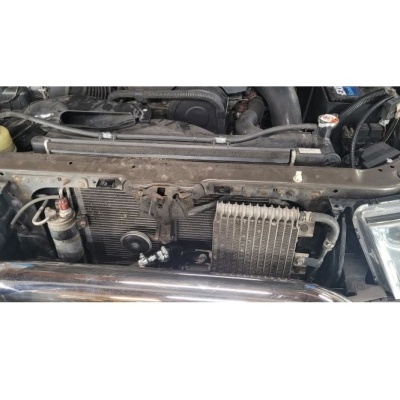 Motor de automóvel exposto com radiador e componentes de plástico preto e metal cinzento