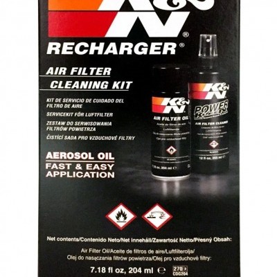 Kit limpeza filtro de ar K&N Recharger em embalagem preta com óleo e spray em aerosol