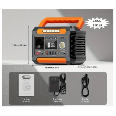 Gerador portátil preto e laranja com acessórios e manual