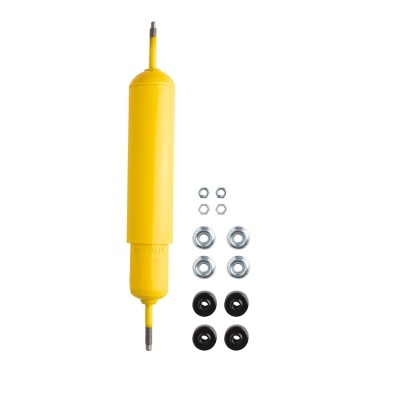 Amortecedor amarelo com porcas e arruelas em fundo branco