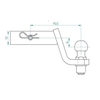 Desenho técnico de barra de reboque com bola esférica e pino de fixação.