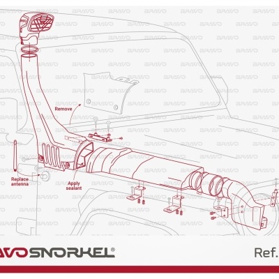 Desenho técnico de snorkel para carro com instruções de instalação e marca BRAVO SNORKEL