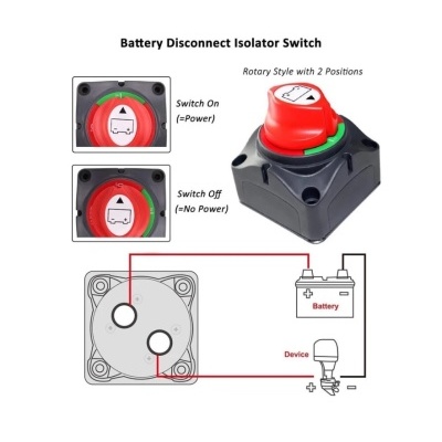 Isolador de bateria com interruptor rotativo binário em preto, vermelho e verde, com texto em inglês e esquema elétrico.