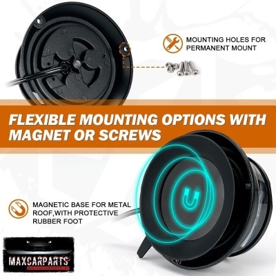 Base magnética preta para montagem com parafusos e texto descritivo em inglês